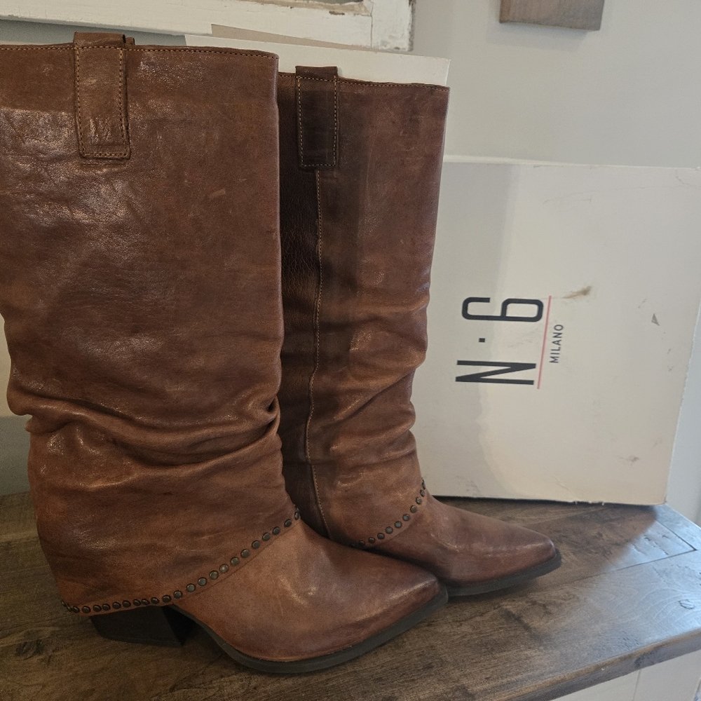 MILANO N6 Tan Made In Italy Leather 3 Buckles Fold Over Boots Size 41 (10.5-11)